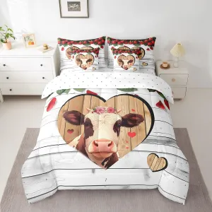 Manfei 7 Pieces Cow Comforter Set Queen Size, Farm Animal Theme Bedding Set for Kids Boys Teens Room Decor, Grey Wooden Plank Bed in a Bag with Comforter, Fitted Sheet, Flat Sheet and Pillowcases