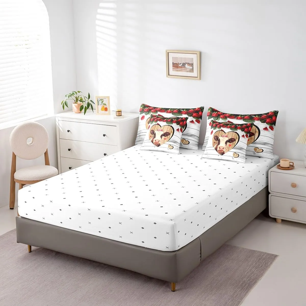 Manfei 7 Pieces Cow Comforter Set Queen Size, Farm Animal Theme Bedding Set for Kids Boys Teens Room Decor, Grey Wooden Plank Bed in a Bag with Comforter, Fitted Sheet, Flat Sheet and Pillowcases