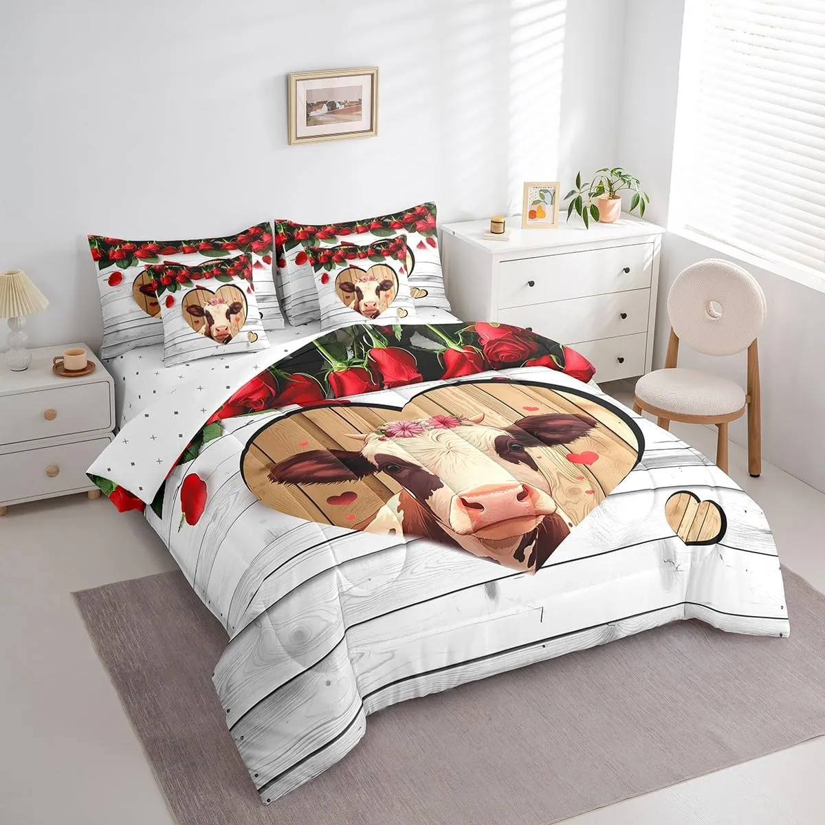 Manfei 7 Pieces Cow Comforter Set Queen Size, Farm Animal Theme Bedding Set for Kids Boys Teens Room Decor, Grey Wooden Plank Bed in a Bag with Comforter, Fitted Sheet, Flat Sheet and Pillowcases