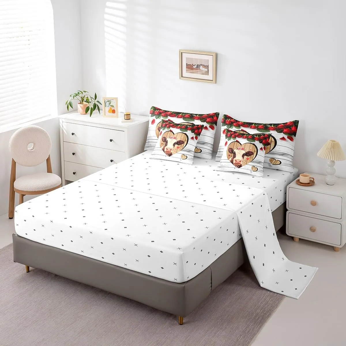 Manfei 7 Pieces Cow Comforter Set Queen Size, Farm Animal Theme Bedding Set for Kids Boys Teens Room Decor, Grey Wooden Plank Bed in a Bag with Comforter, Fitted Sheet, Flat Sheet and Pillowcases