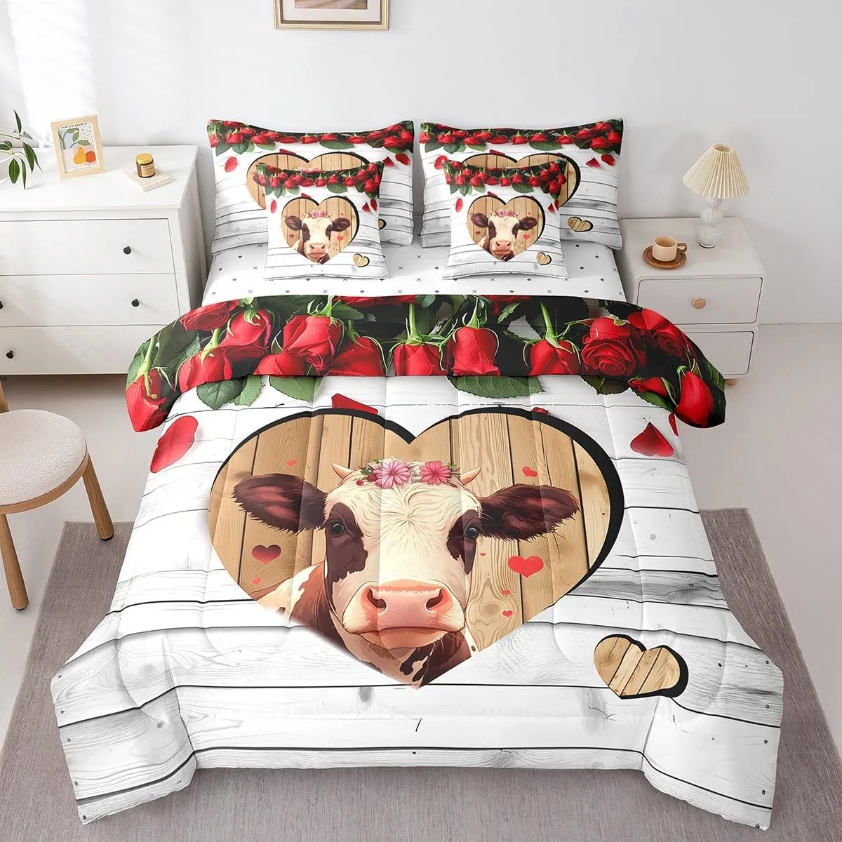 Manfei 7 Pieces Cow Comforter Set Queen Size, Farm Animal Theme Bedding Set for Kids Boys Teens Room Decor, Grey Wooden Plank Bed in a Bag with Comforter, Fitted Sheet, Flat Sheet and Pillowcases