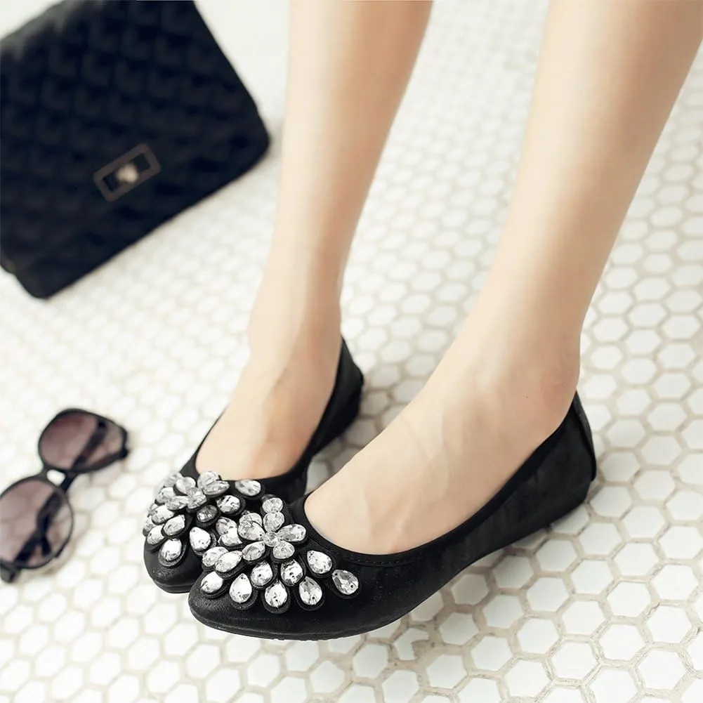 Meeshine Womens Foldable Soft Pointed Toe Ballet Flats Rhinestone Comfort Slip on Flat Shoes