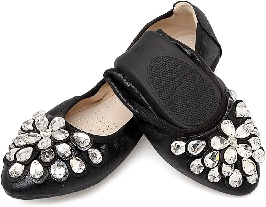 Meeshine Womens Foldable Soft Pointed Toe Ballet Flats Rhinestone Comfort Slip on Flat Shoes