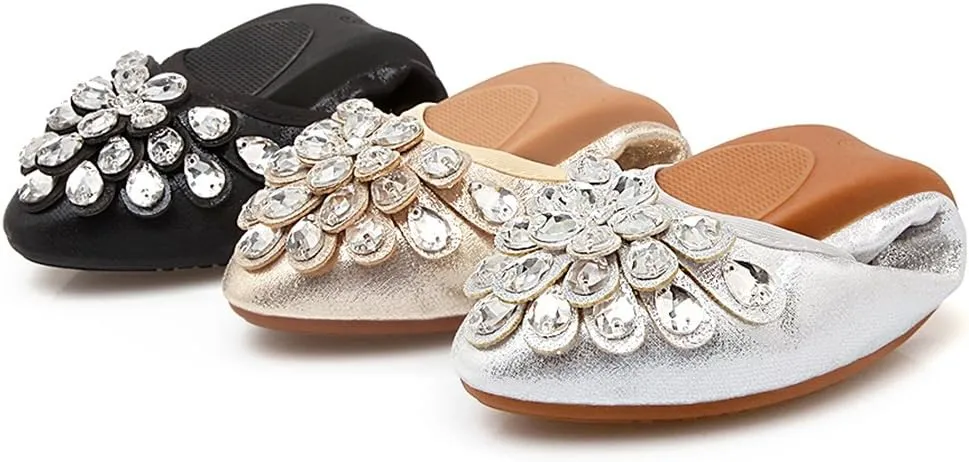 Meeshine Womens Foldable Soft Pointed Toe Ballet Flats Rhinestone Comfort Slip on Flat Shoes