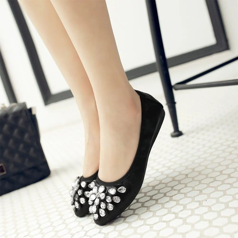 Meeshine Womens Foldable Soft Pointed Toe Ballet Flats Rhinestone Comfort Slip on Flat Shoes