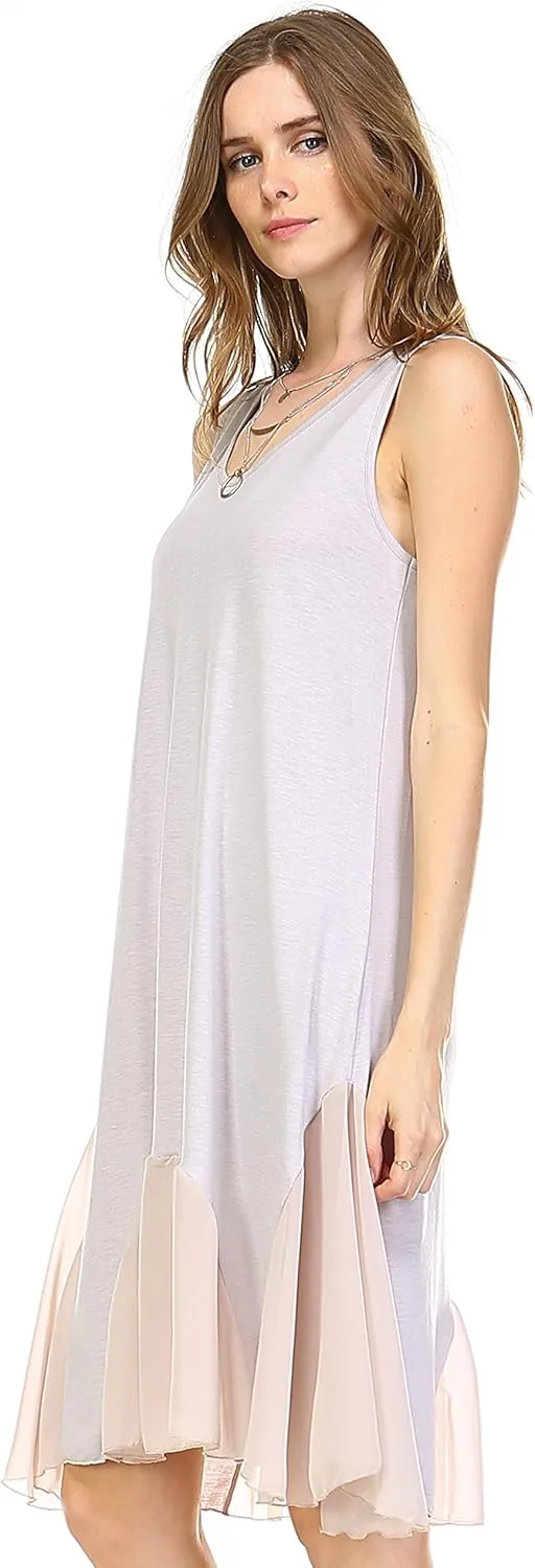 MELODY Women's Sleveless Flare Full Slip Dress with Sheer Scoop Bottom
