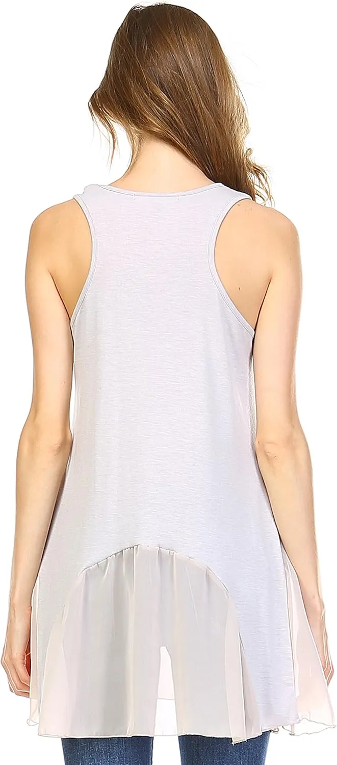 MELODY Women's Sleveless Flare Full Slip Dress with Sheer Scoop Bottom