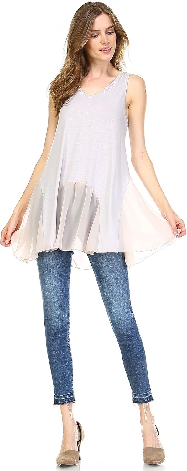 MELODY Women's Sleveless Flare Full Slip Dress with Sheer Scoop Bottom