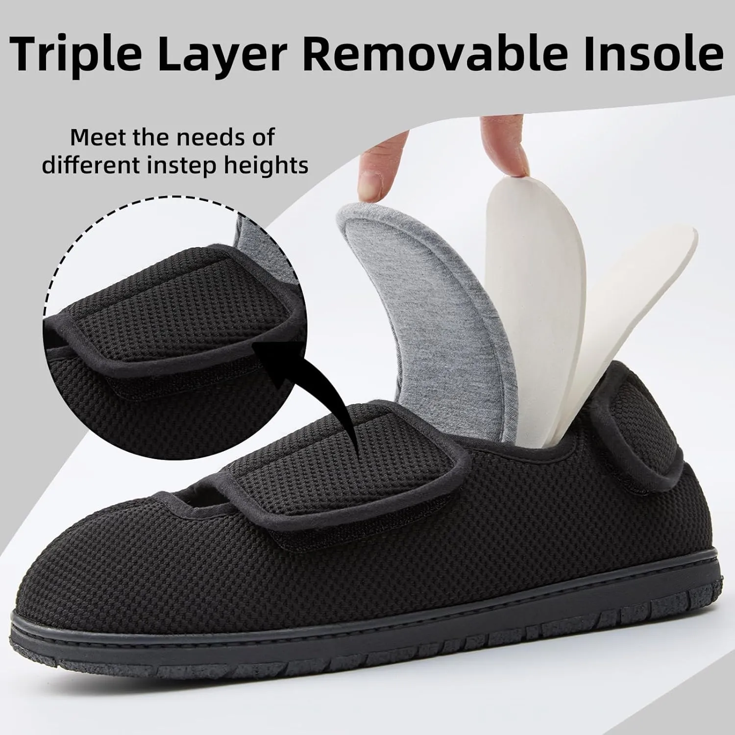Men Adjustable Velcro Slippers Breathable Adjust Closure Diabetic Walking Shoes for Men Extra Wide Width for Swollen Feet All Season Wear Black DarkBlue US8-US13