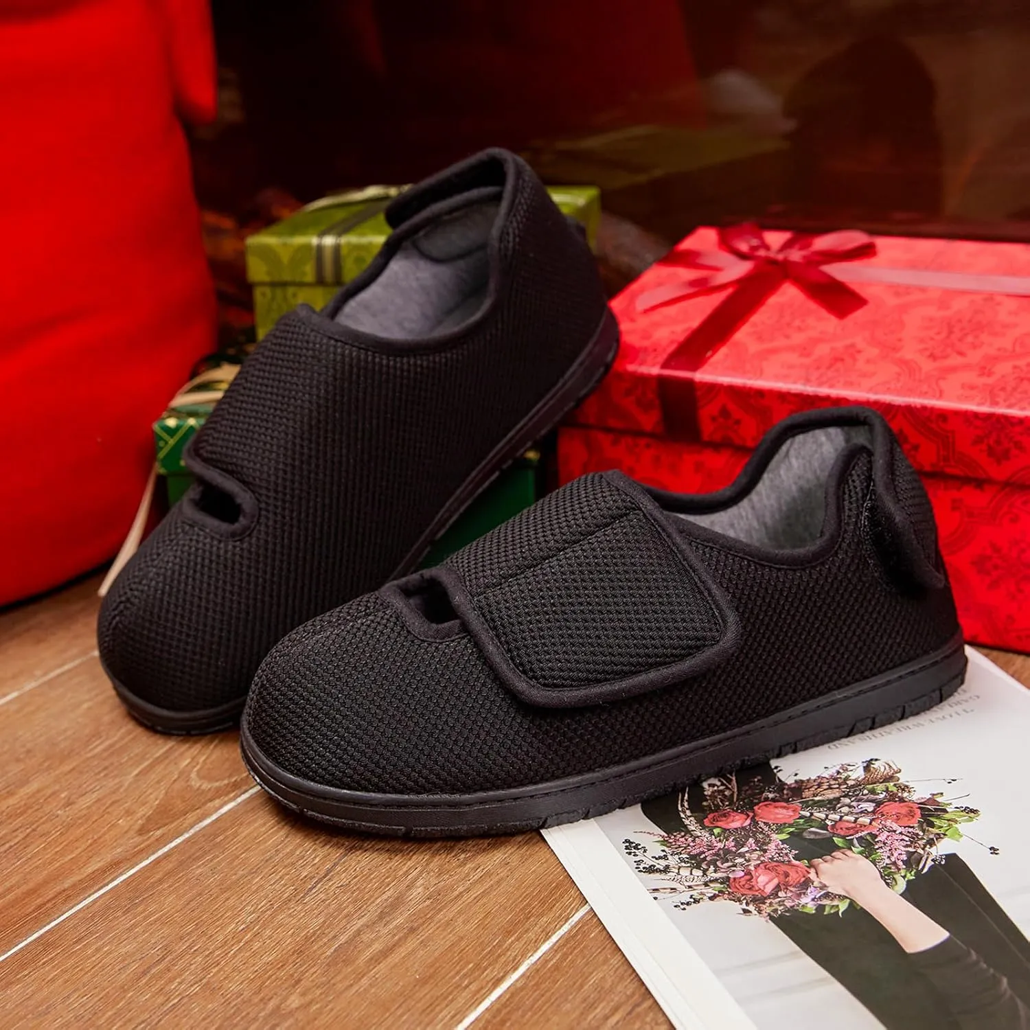 Men Adjustable Velcro Slippers Breathable Adjust Closure Diabetic Walking Shoes for Men Extra Wide Width for Swollen Feet All Season Wear Black DarkBlue US8-US13