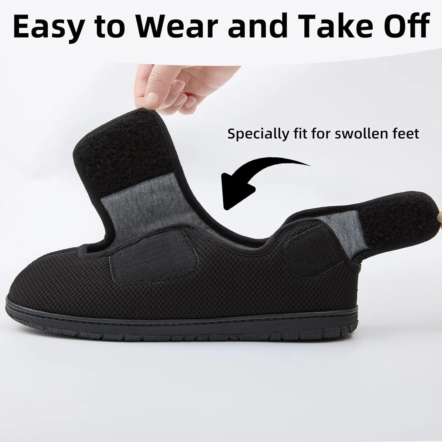 Men Adjustable Velcro Slippers Breathable Adjust Closure Diabetic Walking Shoes for Men Extra Wide Width for Swollen Feet All Season Wear Black DarkBlue US8-US13
