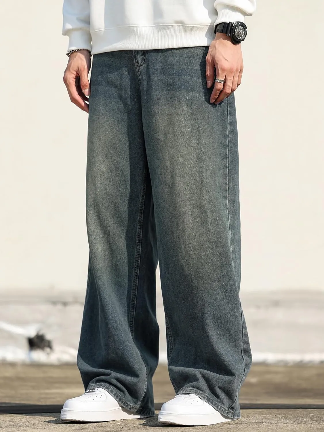 Mens Baggy Jeans Distressed Wide Leg Denim Pants Casual Loose Fit Trousers Streetwear