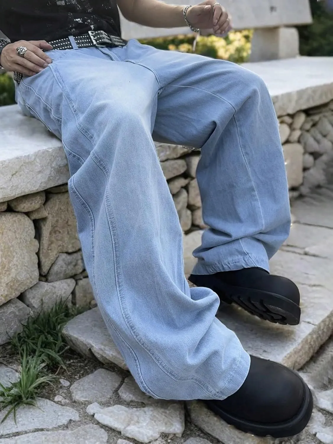 Mens Baggy Jeans Distressed Wide Leg Denim Pants Casual Loose Fit Trousers Streetwear