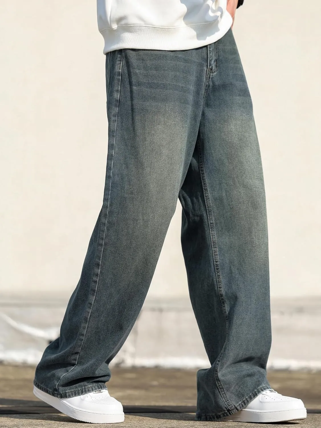 Mens Baggy Jeans Distressed Wide Leg Denim Pants Casual Loose Fit Trousers Streetwear