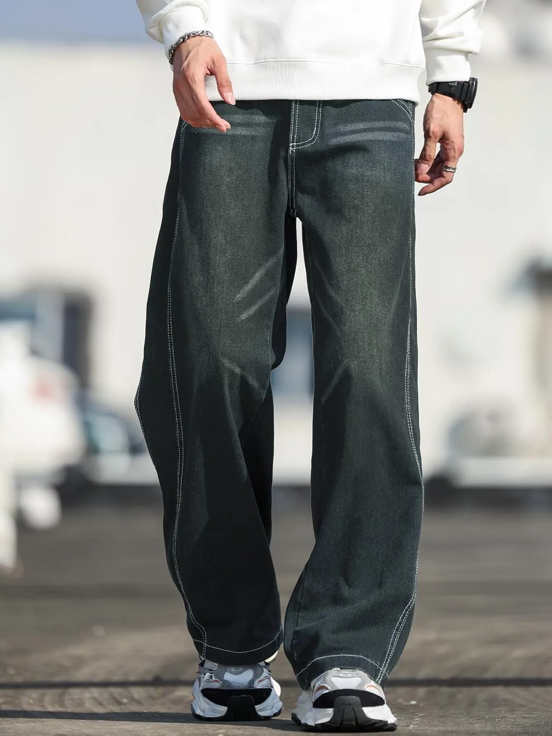 Mens Baggy Jeans Distressed Wide Leg Denim Pants Casual Loose Fit Trousers Streetwear