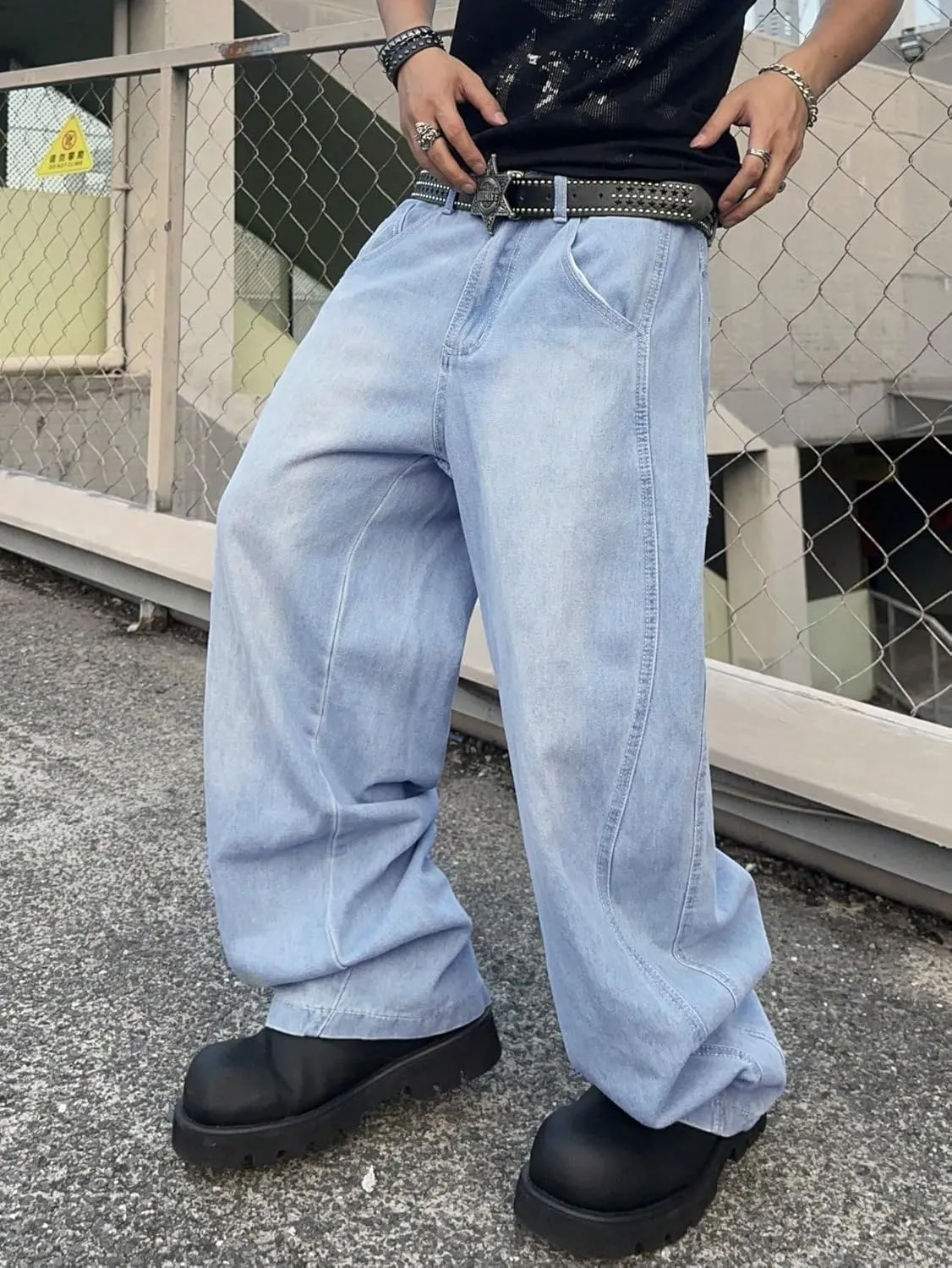 Mens Baggy Jeans Distressed Wide Leg Denim Pants Casual Loose Fit Trousers Streetwear