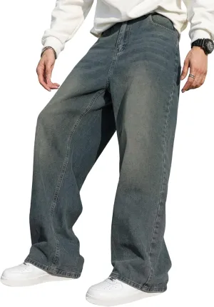 Mens Baggy Jeans Distressed Wide Leg Denim Pants Casual Loose Fit Trousers Streetwear