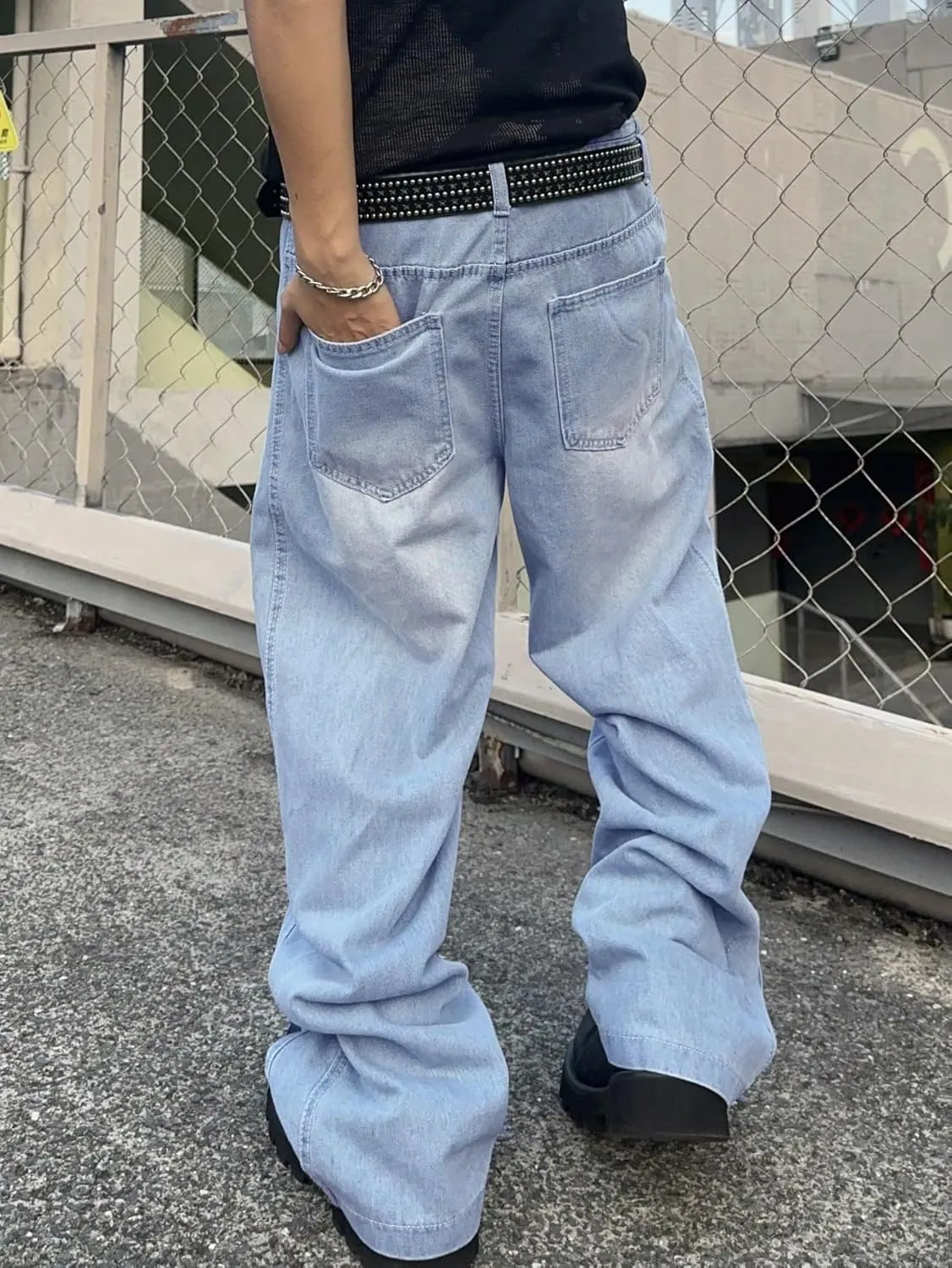 Mens Baggy Jeans Distressed Wide Leg Denim Pants Casual Loose Fit Trousers Streetwear