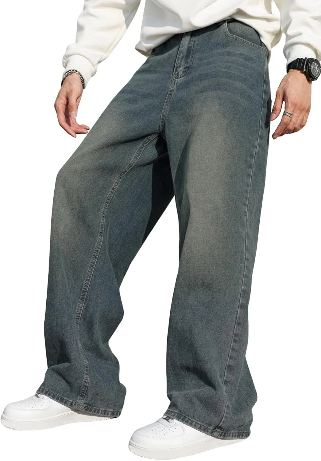 Mens Baggy Jeans Distressed Wide Leg Denim Pants Casual Loose Fit Trousers Streetwear