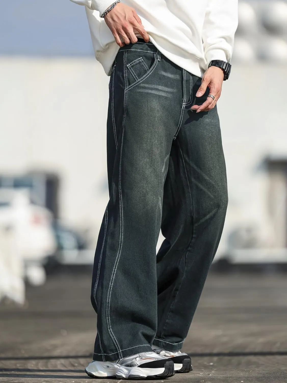 Mens Baggy Jeans Distressed Wide Leg Denim Pants Casual Loose Fit Trousers Streetwear