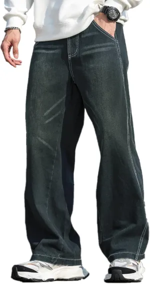 Mens Baggy Jeans Distressed Wide Leg Denim Pants Casual Loose Fit Trousers Streetwear