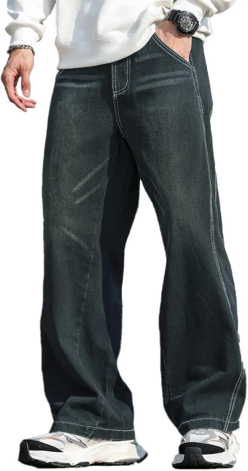Mens Baggy Jeans Distressed Wide Leg Denim Pants Casual Loose Fit Trousers Streetwear