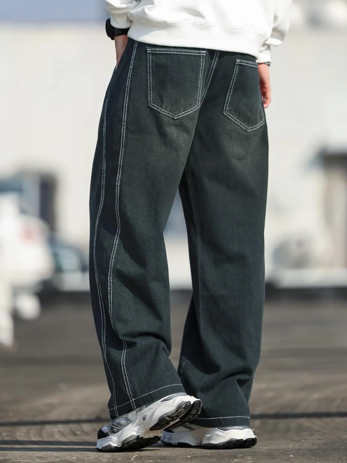 Mens Baggy Jeans Distressed Wide Leg Denim Pants Casual Loose Fit Trousers Streetwear