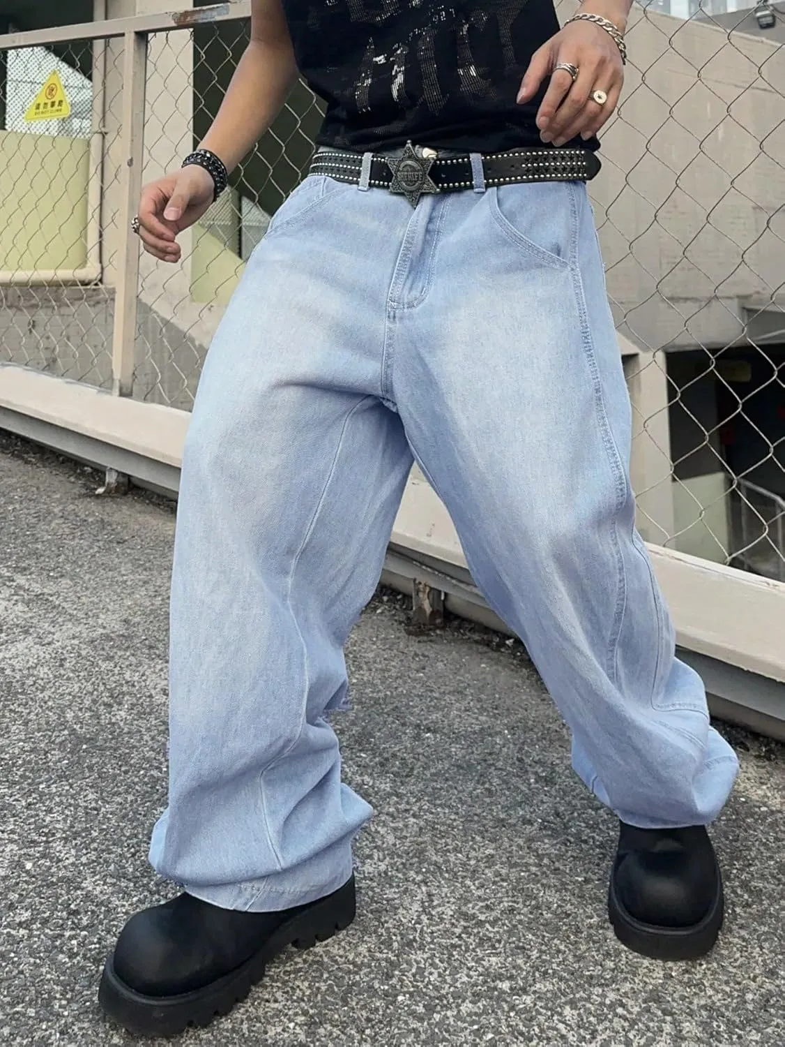 Mens Baggy Jeans Distressed Wide Leg Denim Pants Casual Loose Fit Trousers Streetwear