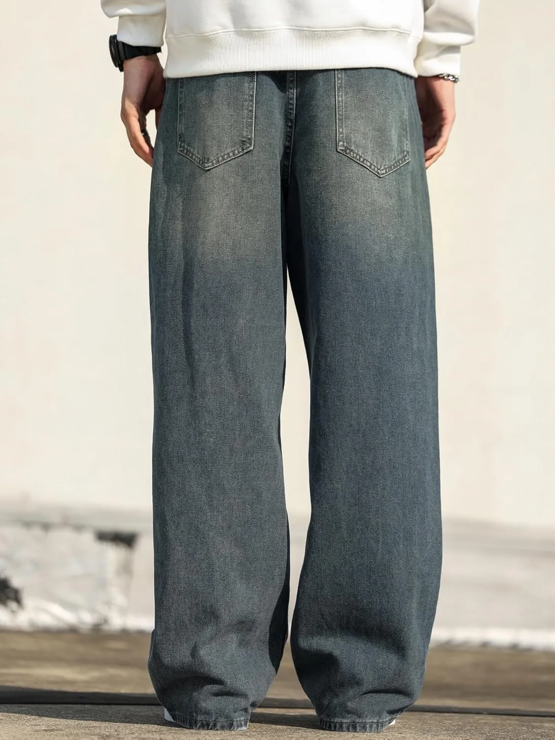 Mens Baggy Jeans Distressed Wide Leg Denim Pants Casual Loose Fit Trousers Streetwear