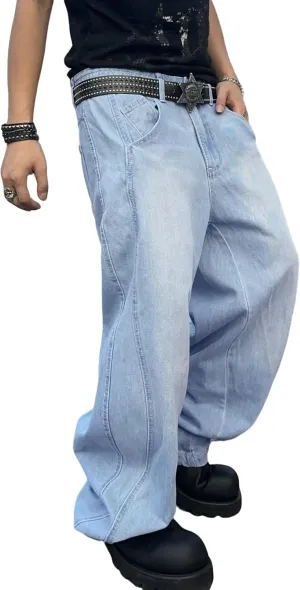 Mens Baggy Jeans Distressed Wide Leg Denim Pants Casual Loose Fit Trousers Streetwear