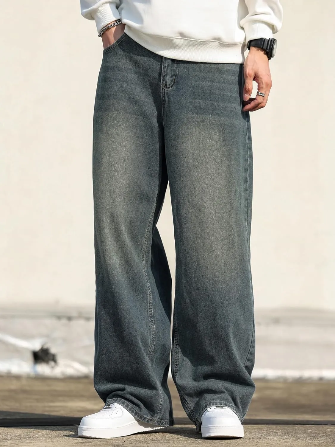 Mens Baggy Jeans Distressed Wide Leg Denim Pants Casual Loose Fit Trousers Streetwear
