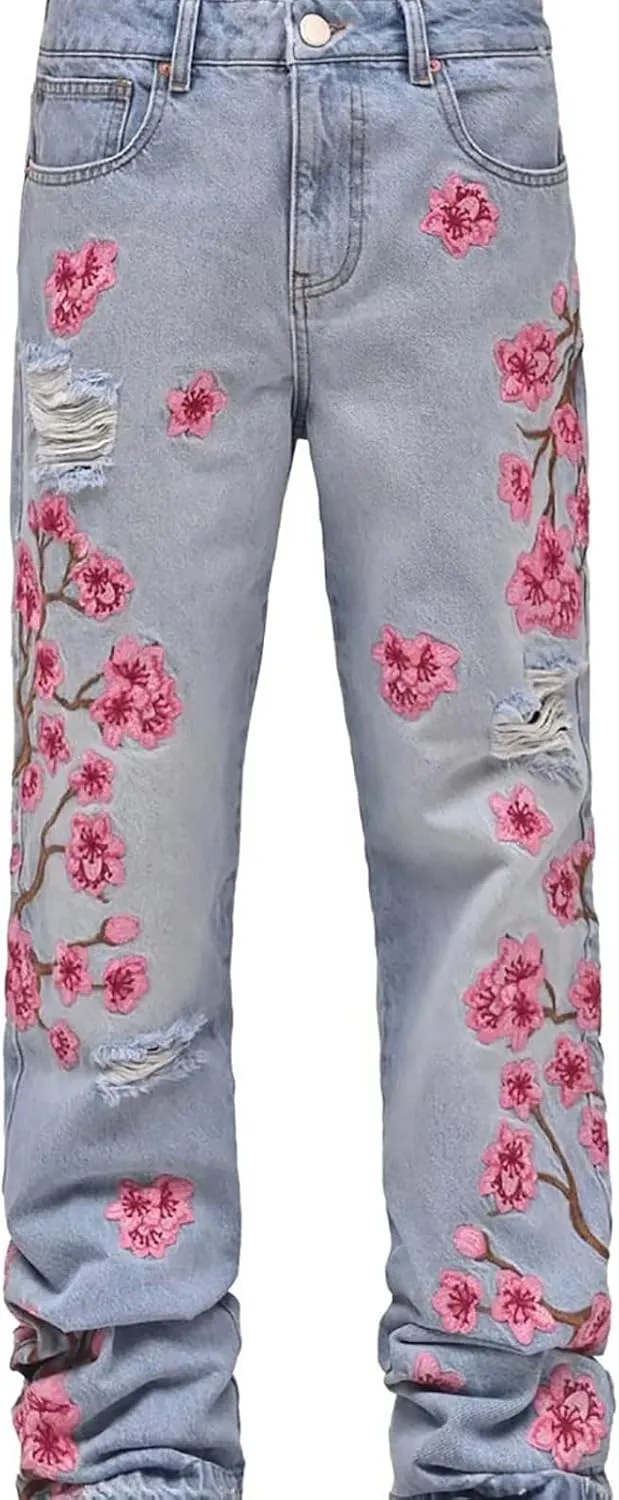 Men's Baggy Jeans Mid Rise Floral Embroidery Ripped Bootcut Jeans Straight Leg Denim Pants Hip Hop Streetwear Trousers