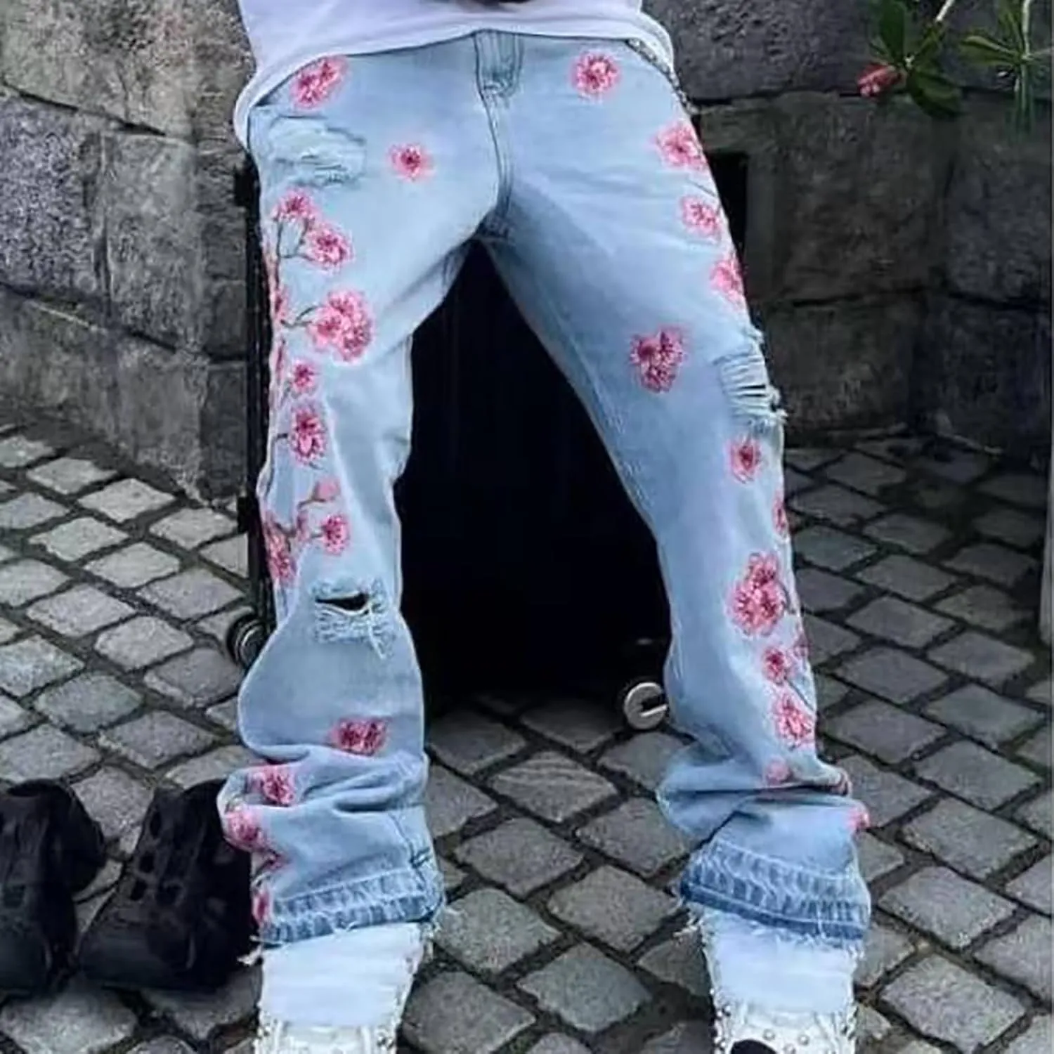 Men's Baggy Jeans Mid Rise Floral Embroidery Ripped Bootcut Jeans Straight Leg Denim Pants Hip Hop Streetwear Trousers