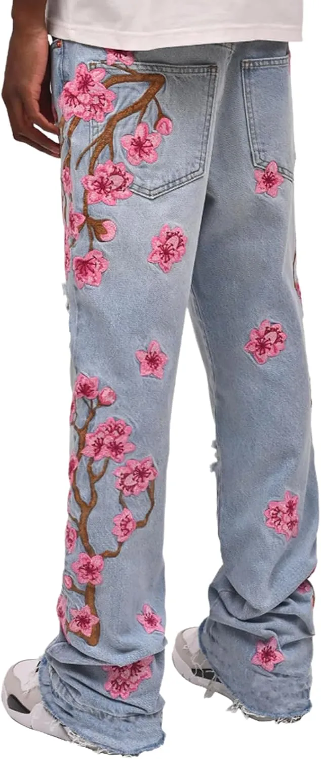Men's Baggy Jeans Mid Rise Floral Embroidery Ripped Bootcut Jeans Straight Leg Denim Pants Hip Hop Streetwear Trousers