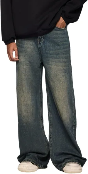 Men's Baggy Jeans Wide Leg Solid Color Y2k Denim Pants Streetwear Loose Fit Trousers