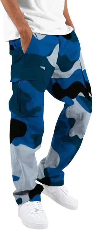 Men's Camo Cargo Pants Summer Training Workout Running Sweatpants Loose Fit Elastic Waist Wide Leg Pants with Pockets