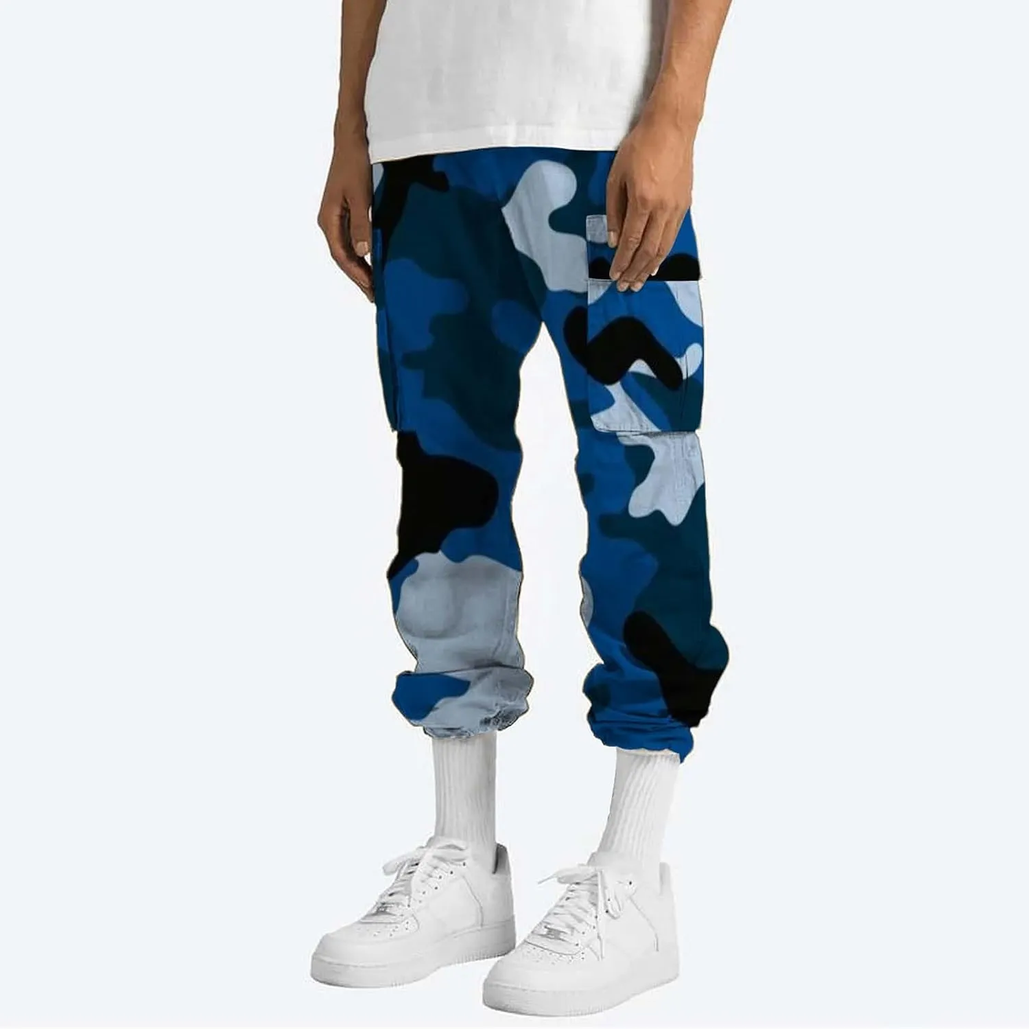 Men's Camo Cargo Pants Summer Training Workout Running Sweatpants Loose Fit Elastic Waist Wide Leg Pants with Pockets