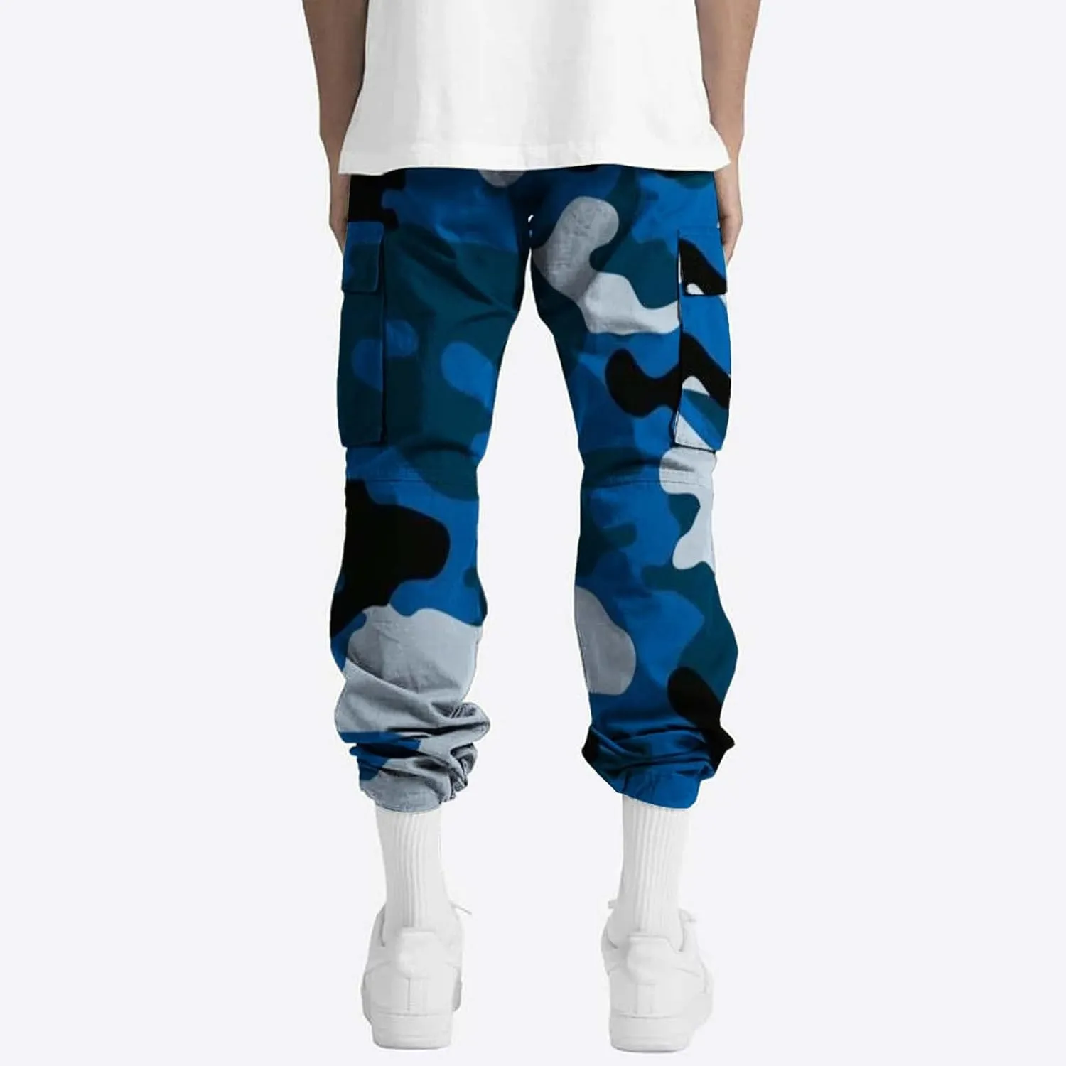 Men's Camo Cargo Pants Summer Training Workout Running Sweatpants Loose Fit Elastic Waist Wide Leg Pants with Pockets