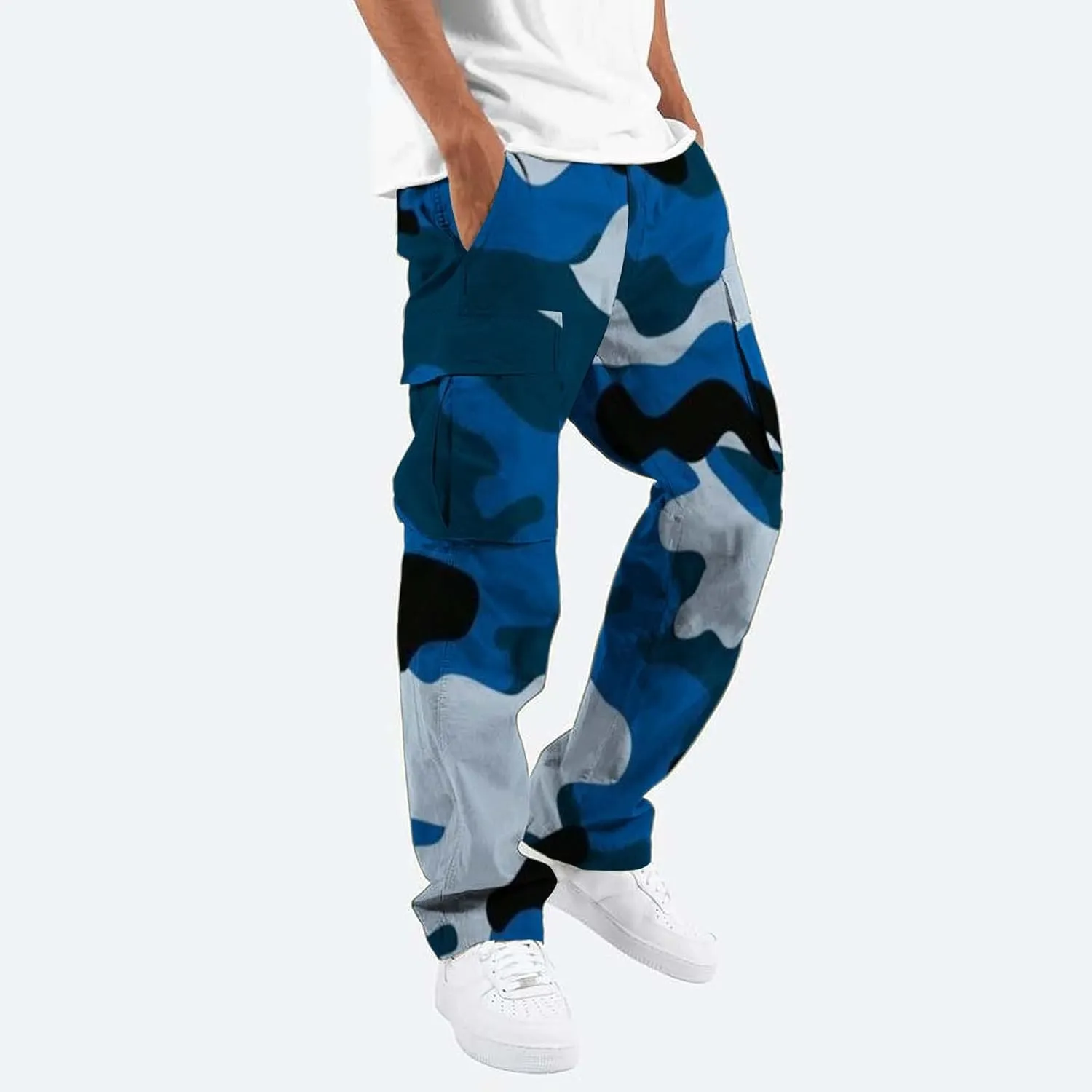 Men's Camo Cargo Pants Summer Training Workout Running Sweatpants Loose Fit Elastic Waist Wide Leg Pants with Pockets