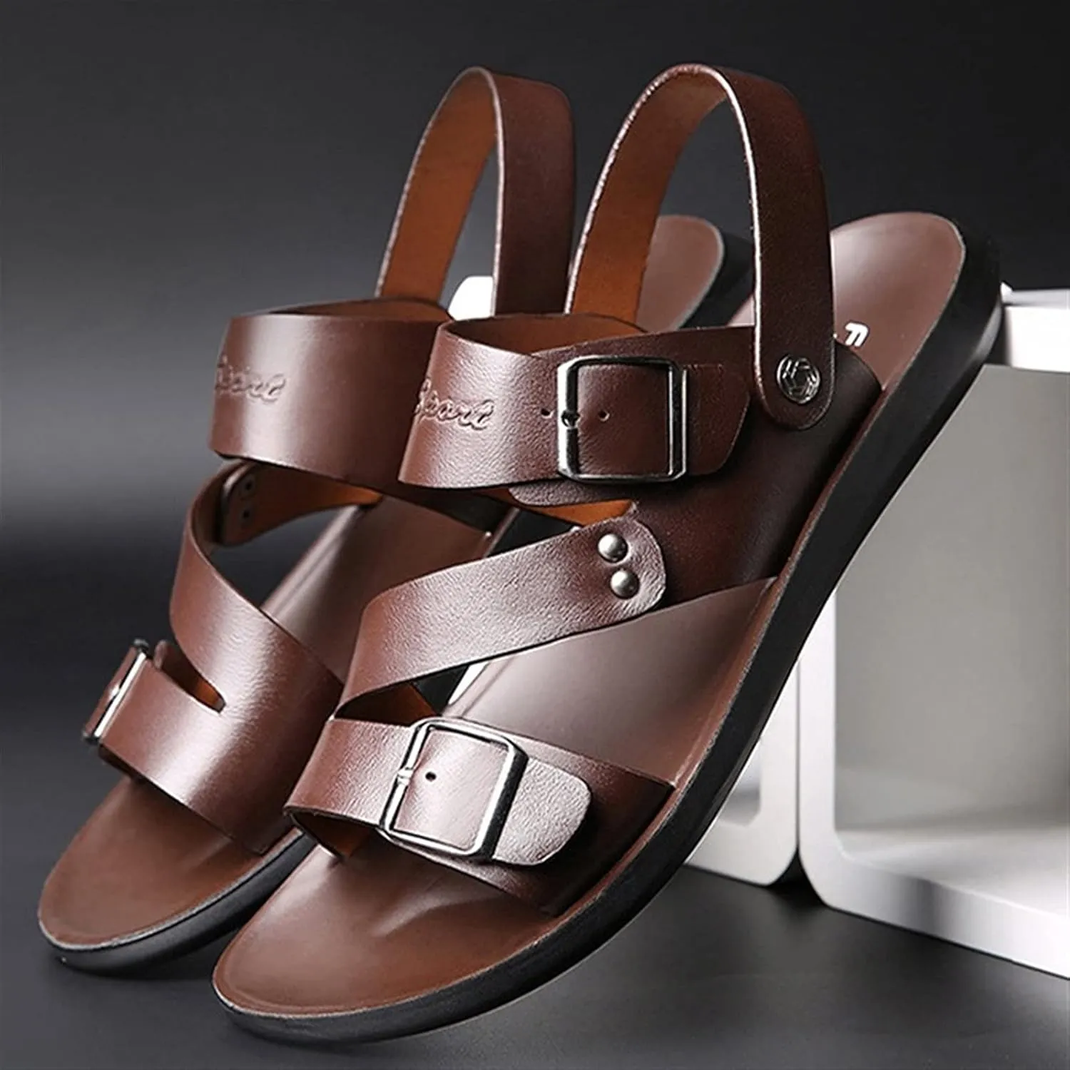 Men's Cut Out Sandal Casual Dual Use Beach Slipper Genuine Leather Open Toe Double Monk Strap Buckle Thick Sole Rivet Solid Color anti-slip