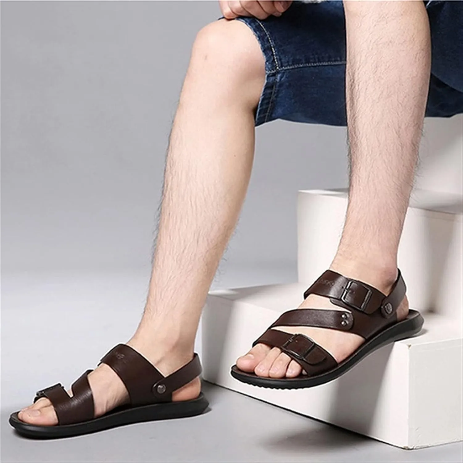 Men's Cut Out Sandal Casual Dual Use Beach Slipper Genuine Leather Open Toe Double Monk Strap Buckle Thick Sole Rivet Solid Color anti-slip