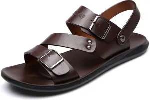 Men's Cut Out Sandal Casual Dual Use Beach Slipper Genuine Leather Open Toe Double Monk Strap Buckle Thick Sole Rivet Solid Color anti-slip