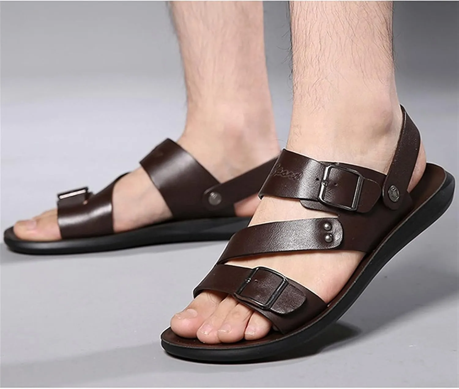 Men's Cut Out Sandal Casual Dual Use Beach Slipper Genuine Leather Open Toe Double Monk Strap Buckle Thick Sole Rivet Solid Color anti-slip