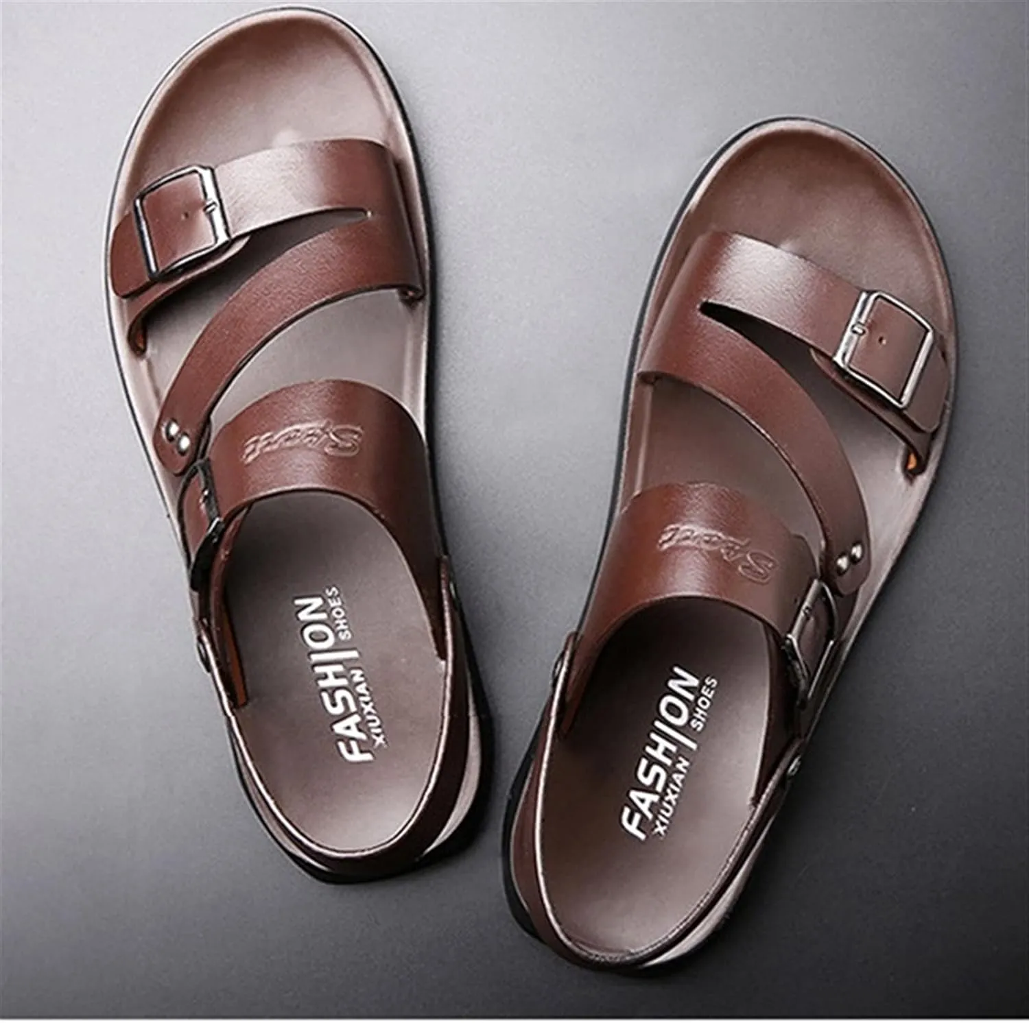 Men's Cut Out Sandal Casual Dual Use Beach Slipper Genuine Leather Open Toe Double Monk Strap Buckle Thick Sole Rivet Solid Color anti-slip