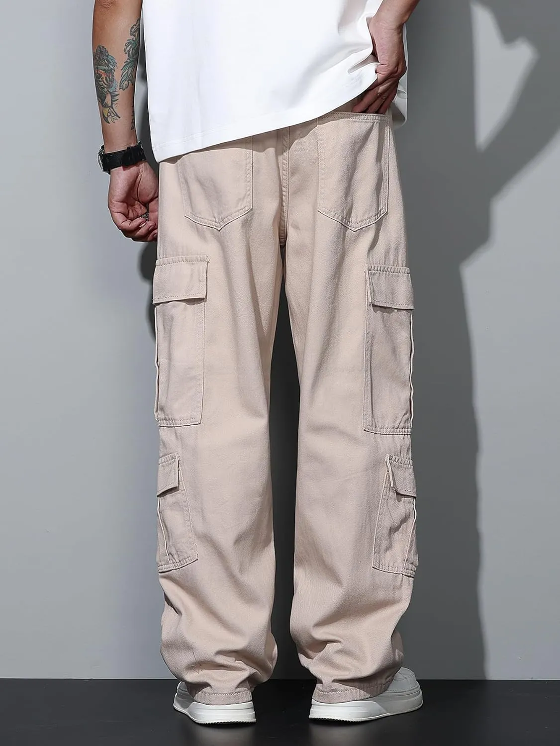 Mens Denim Baggy Pants with Cargo Pockets Mid Weight Casual Streetwear Wide Leg Jeans Hip Hop Skater Trousers