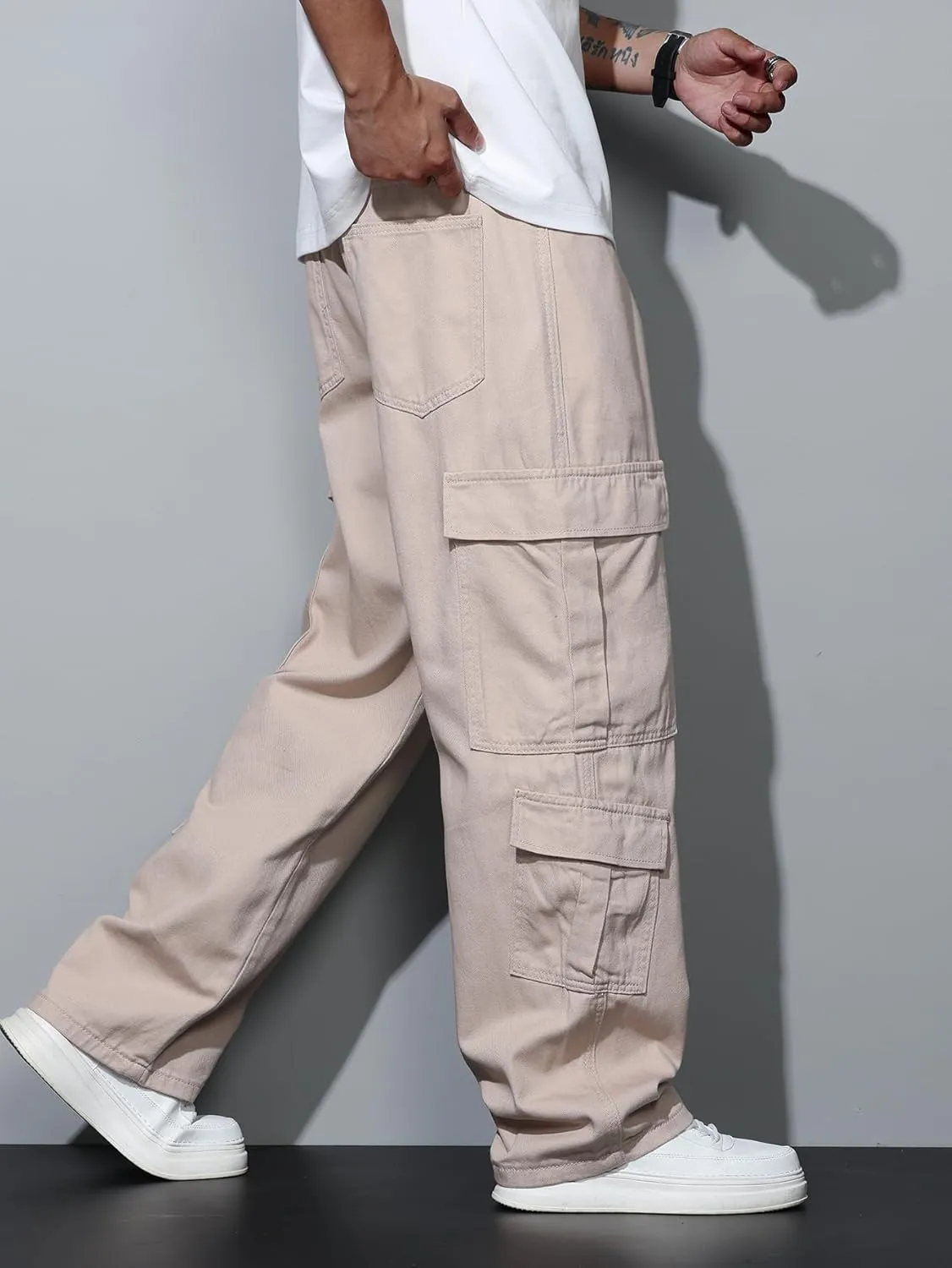 Mens Denim Baggy Pants with Cargo Pockets Mid Weight Casual Streetwear Wide Leg Jeans Hip Hop Skater Trousers