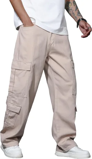 Mens Denim Baggy Pants with Cargo Pockets Mid Weight Casual Streetwear Wide Leg Jeans Hip Hop Skater Trousers