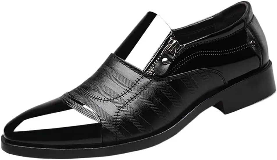 Mens Formal Oxford Shoes Zipper Slip On Round Toe PU Leather Non Slip Low Top Block Heel Wedding Shoes