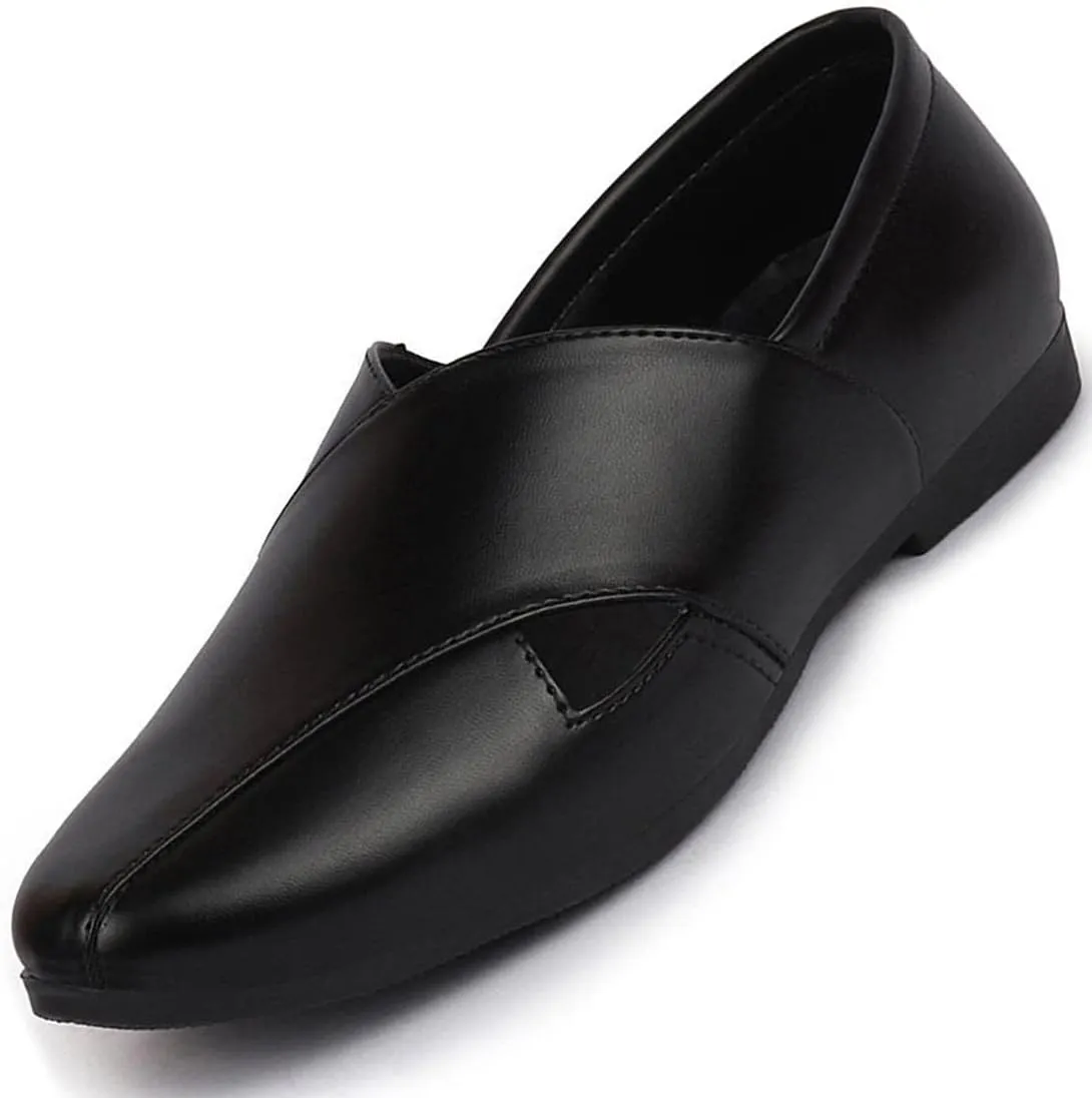 Men's FST KI-1724 BLACK-44 Ethnic Black Criss Cross Slip On Juttis and Mojaris (10 UK)