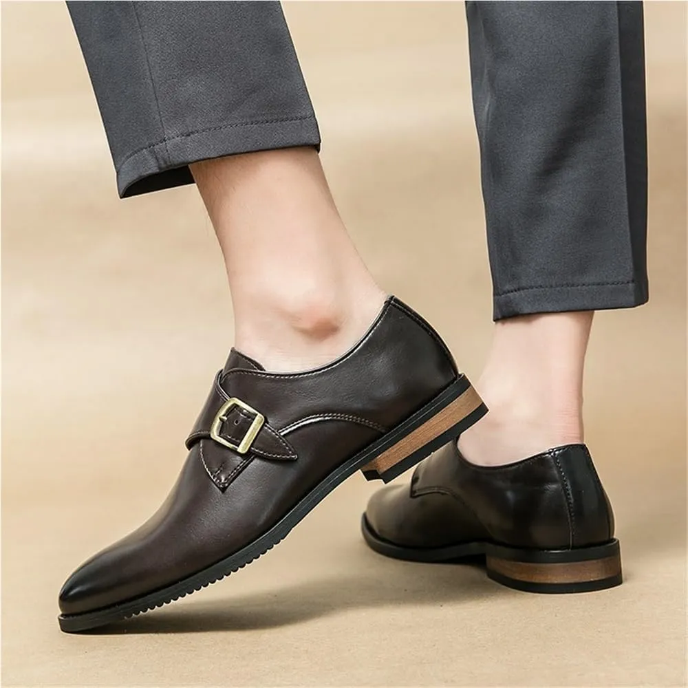 Mens Height Increasing Dress Shoes Italian Formal Oxford Slip On Pointed Toe PU Leather Brown Classic Elegant